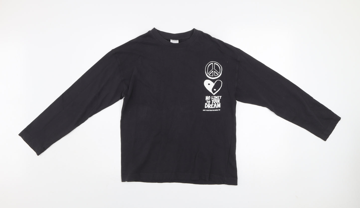Zara Boys Black Long Sleeve Graphic T-Shirt 11-12 Years Cotton Crew Neck