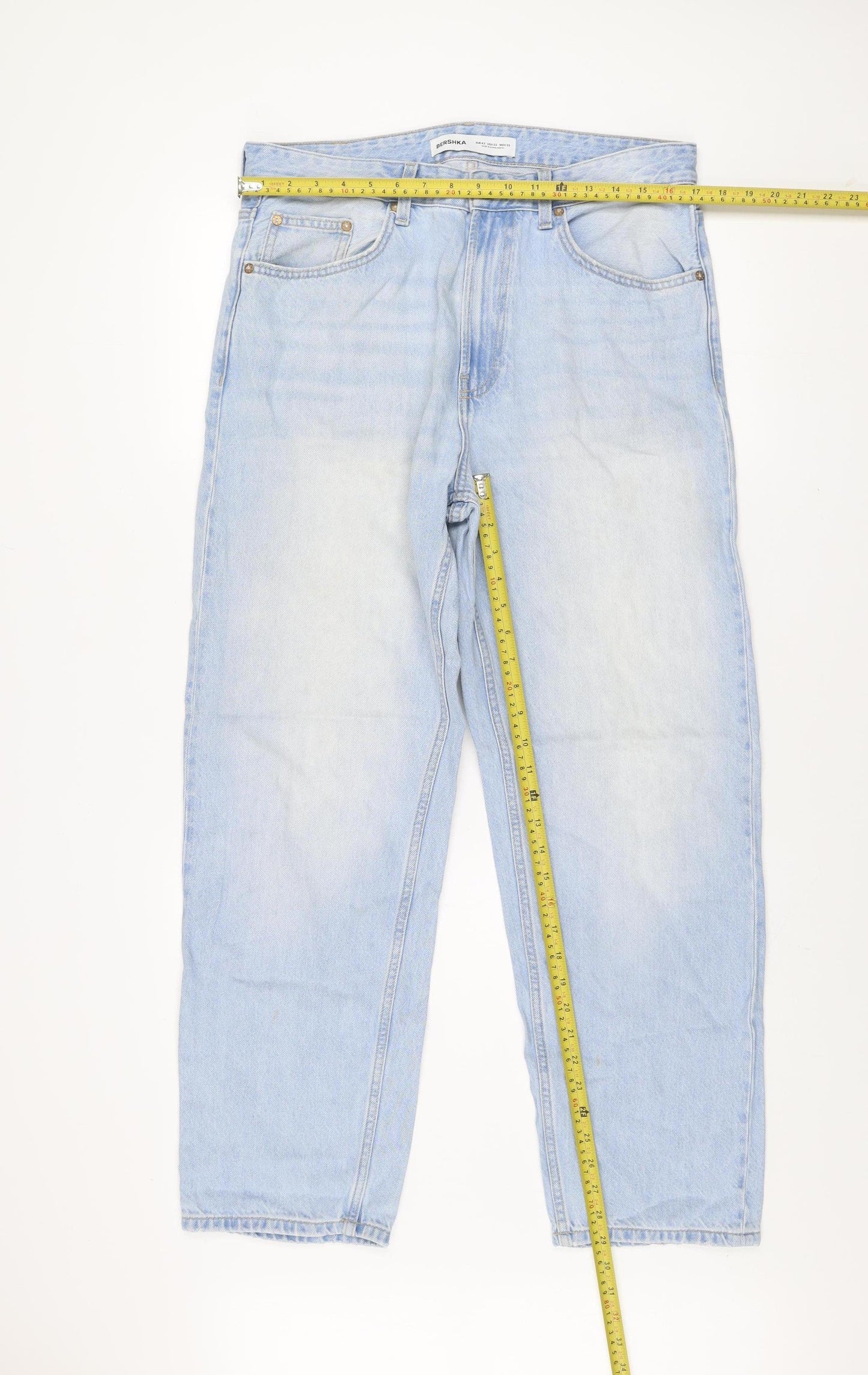 Bershka Men's Blue Light Wash Straight Leg Denim Jeans Size L 32W