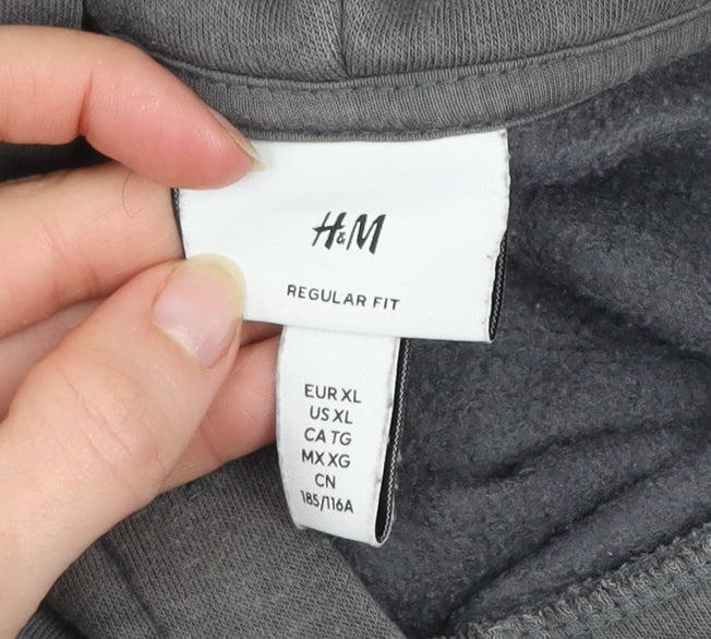 H&M Men’s Grey Regular Fit Pullover Hoodie XL Graphic Print