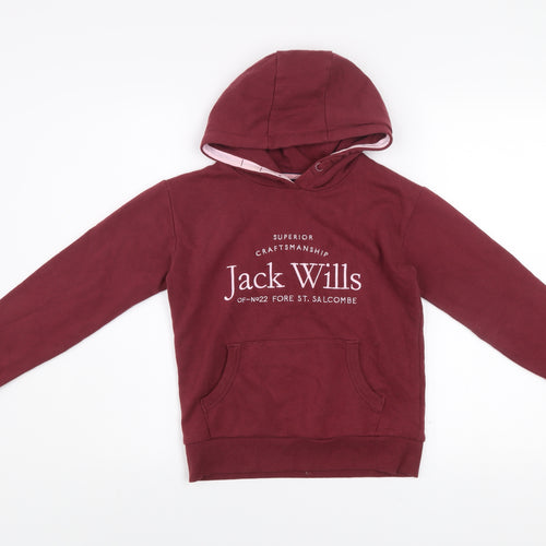 Jack Wills Girls Red Pullover Hoodie 9-10 Years Fleece Cotton Logo Sweatshirt
