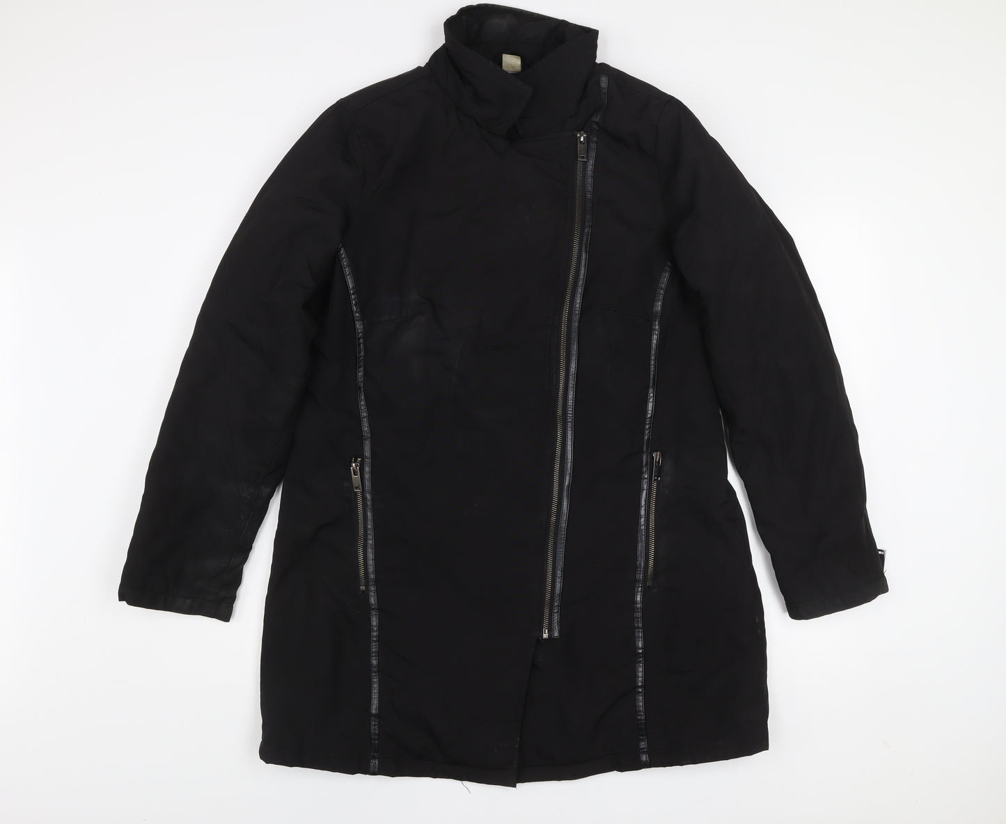 MS Mode Women's Black Long Zip Up Overcoat Size 42 Regular Fit