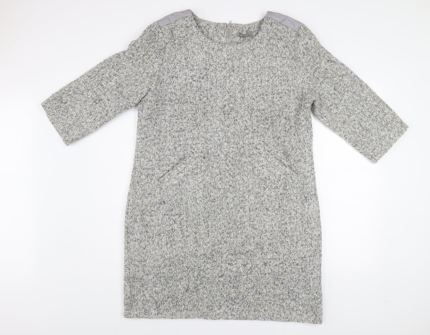 First Avenue Women’s Grey Shift Dress L 3/4 Sleeve Zip Back Tweed Look