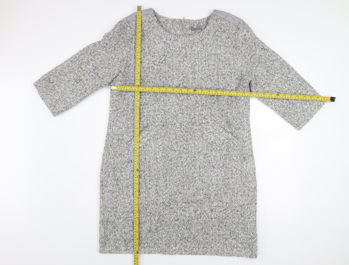 First Avenue Women’s Grey Shift Dress L 3/4 Sleeve Zip Back Tweed Look