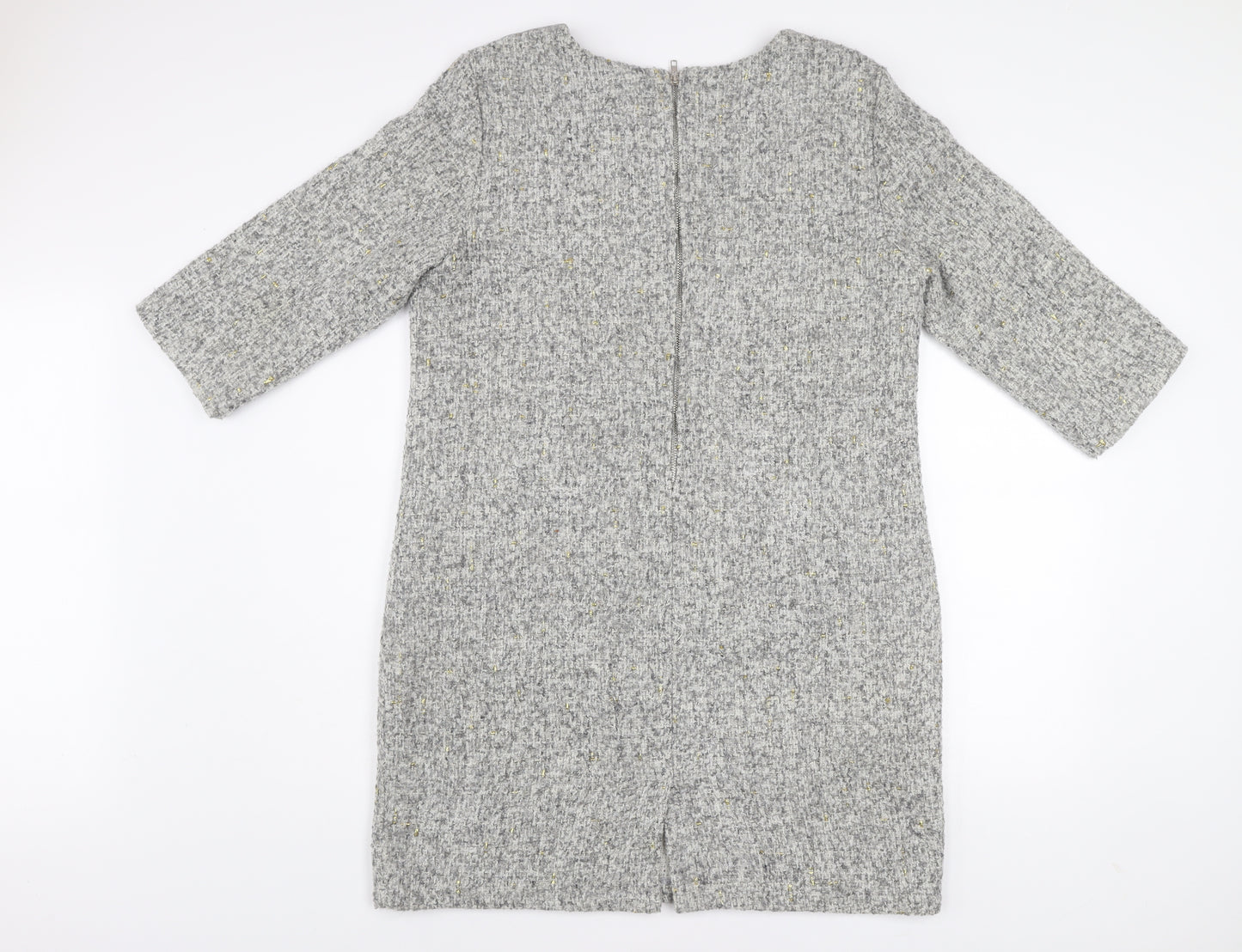 First Avenue Women’s Grey Shift Dress L 3/4 Sleeve Zip Back Tweed Look