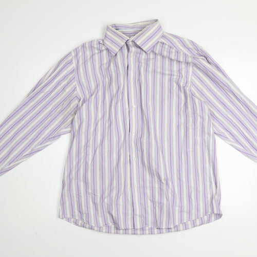 BHS Men's Purple Striped Non-Iron Long Sleeve Cotton Blend Shirt Size 16.5 Regular