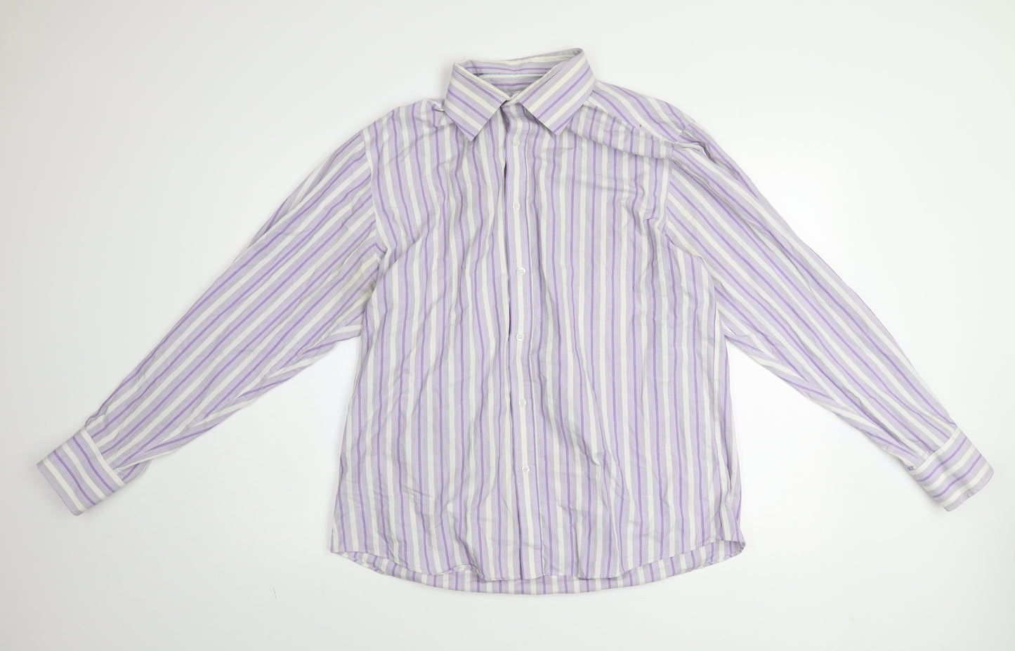 BHS Men's Purple Striped Non-Iron Long Sleeve Cotton Blend Shirt Size 16.5 Regular