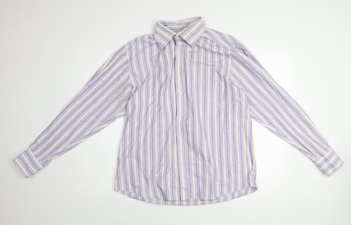 BHS Men's Purple Striped Non-Iron Long Sleeve Cotton Blend Shirt Size 16.5 Regular