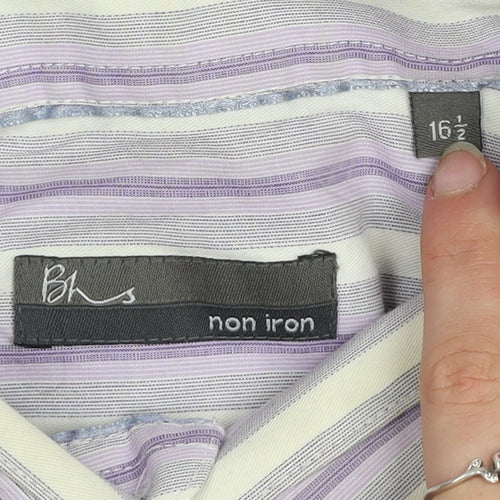 BHS Men's Purple Striped Non-Iron Long Sleeve Cotton Blend Shirt Size 16.5 Regular