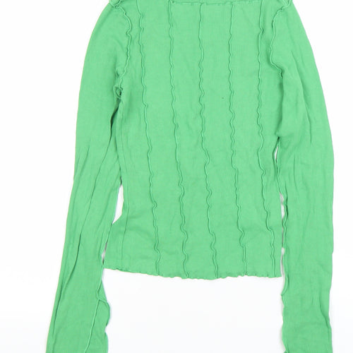 Monki Womens Green Ribbed Long Sleeve Boat Neck Top XS