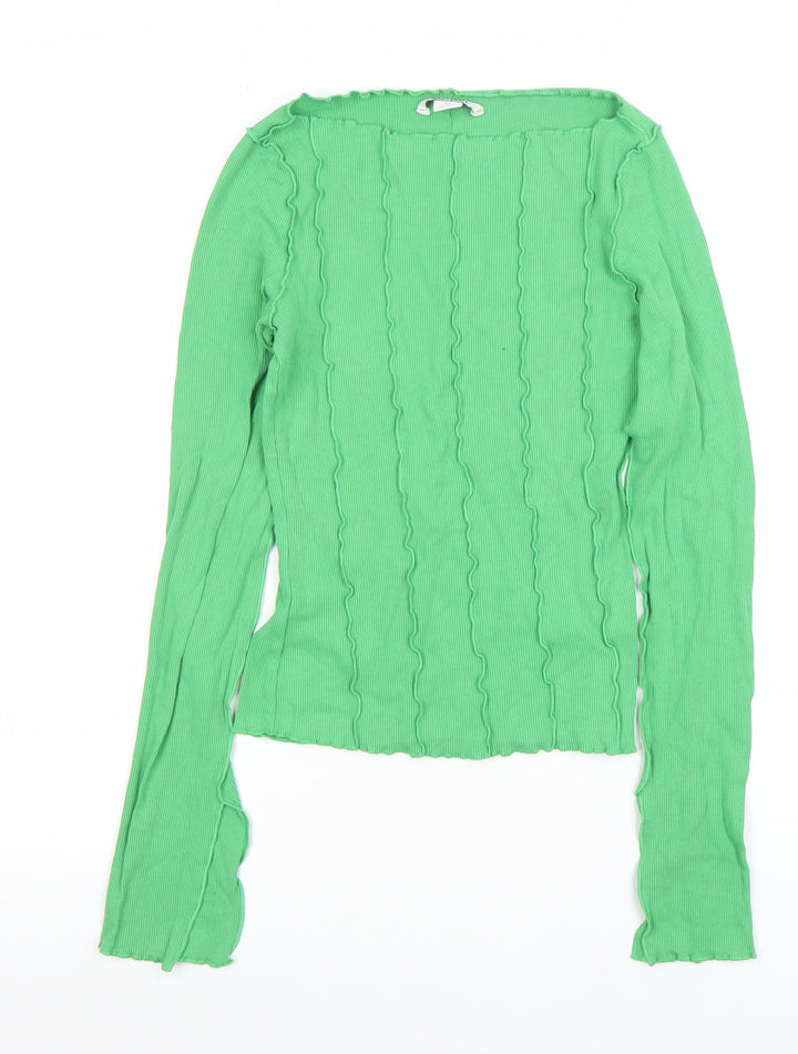 Monki Womens Green Ribbed Long Sleeve Boat Neck Top XS