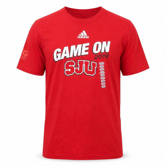 Front view of Adidas Men's Red Game On SJU 2019 Graphic T-Shirt, size L