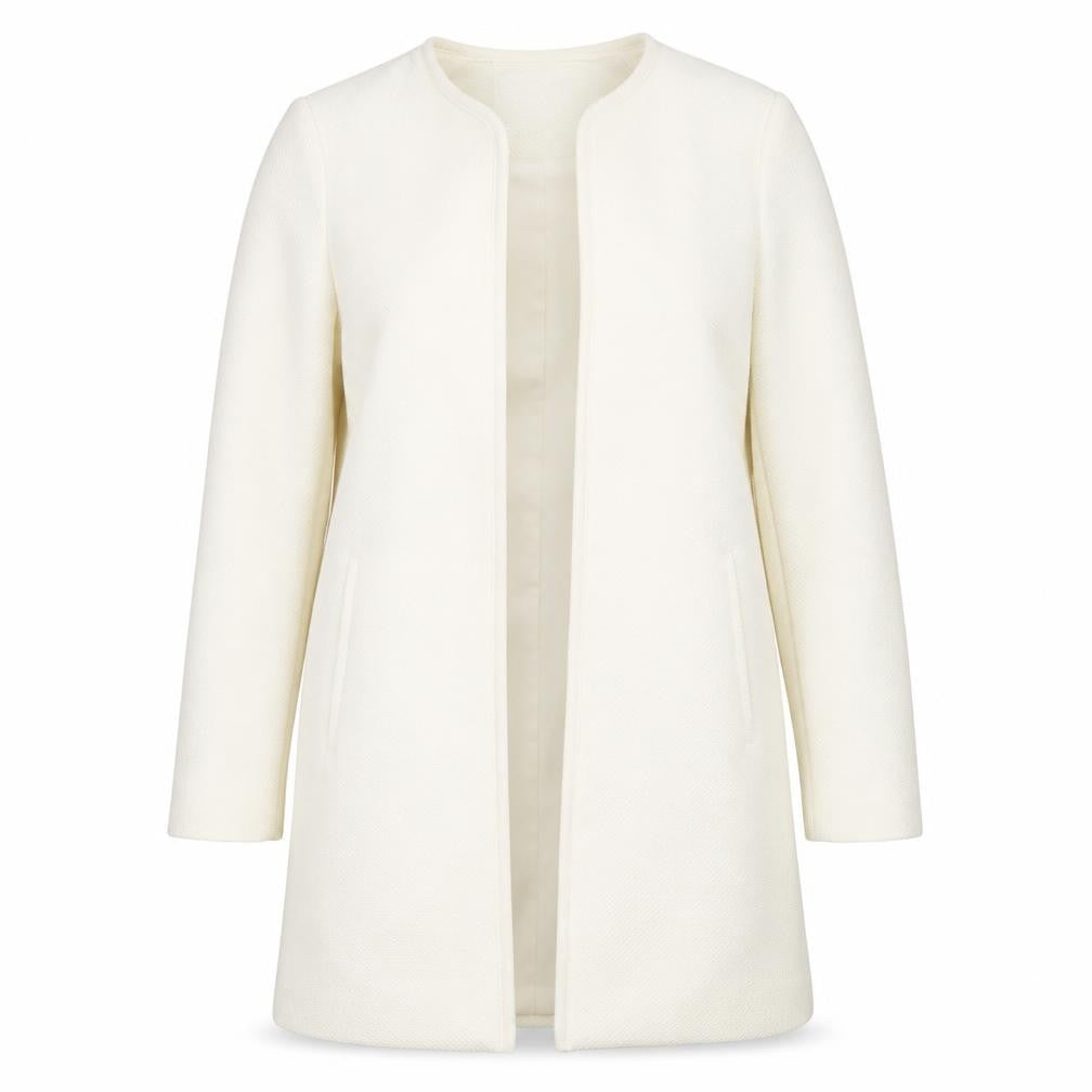 Front view of H&M Women Ivory Long Sleeve Mid-Length Open Front Blazer Coat, size 8
