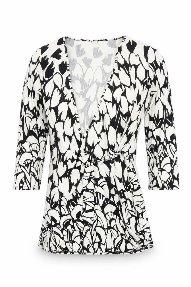 Front view of Marks & Spencer women’s black floral wrap jersey blouse, size UK 10