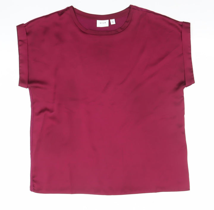 VILA Womens Purple Satin Blouse Size 10 Short Sleeve Crew Neck