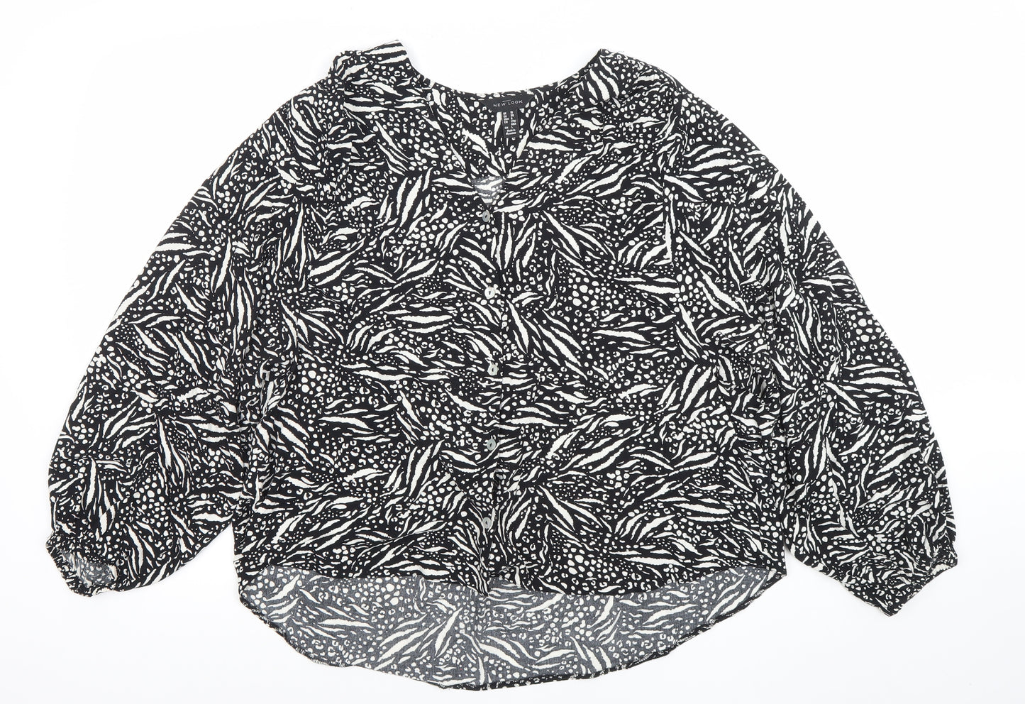 New Look Women's Black Animal Print Long Sleeve V-Neck Blouse Size 10