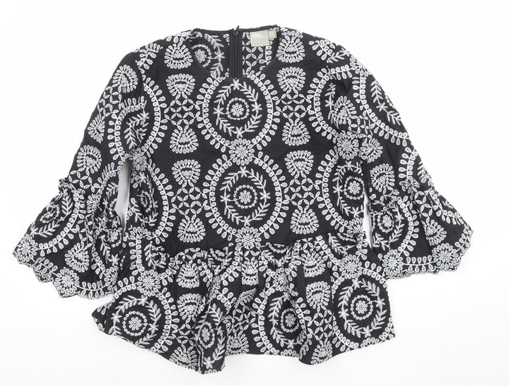 ASOS Women’s Black Embroidered Boho Peplum Tunic Blouse Size 10