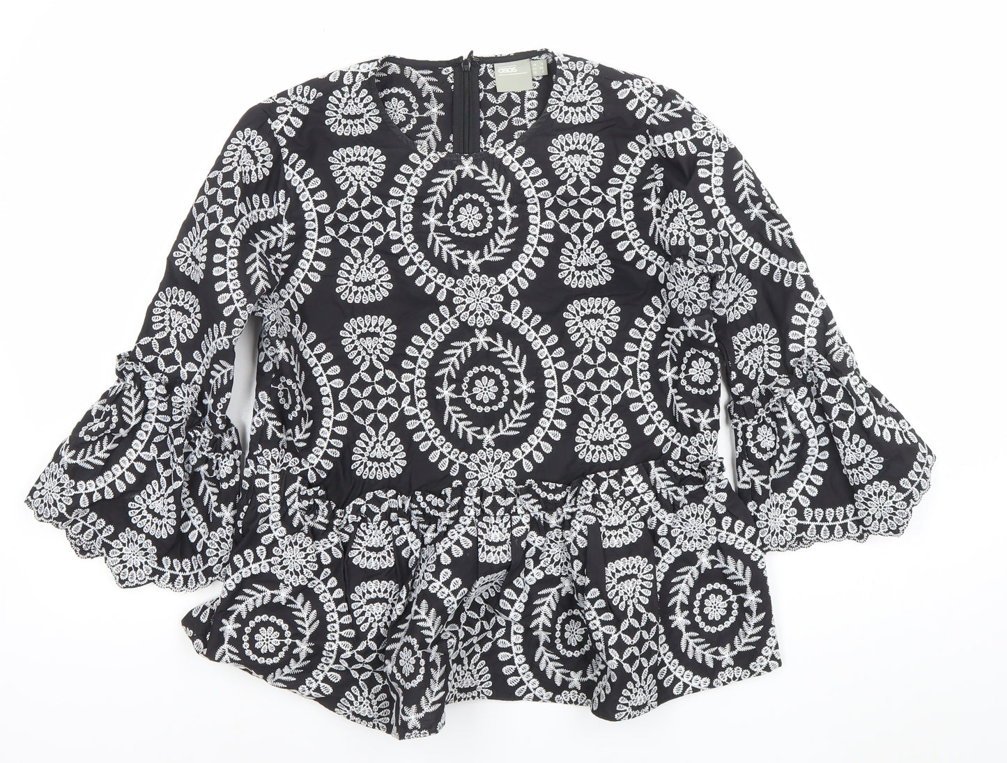 ASOS Women’s Black Embroidered Boho Peplum Tunic Blouse Size 10