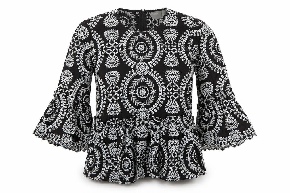 ASOS Women’s Black Embroidered Boho Peplum Tunic Blouse Size 10