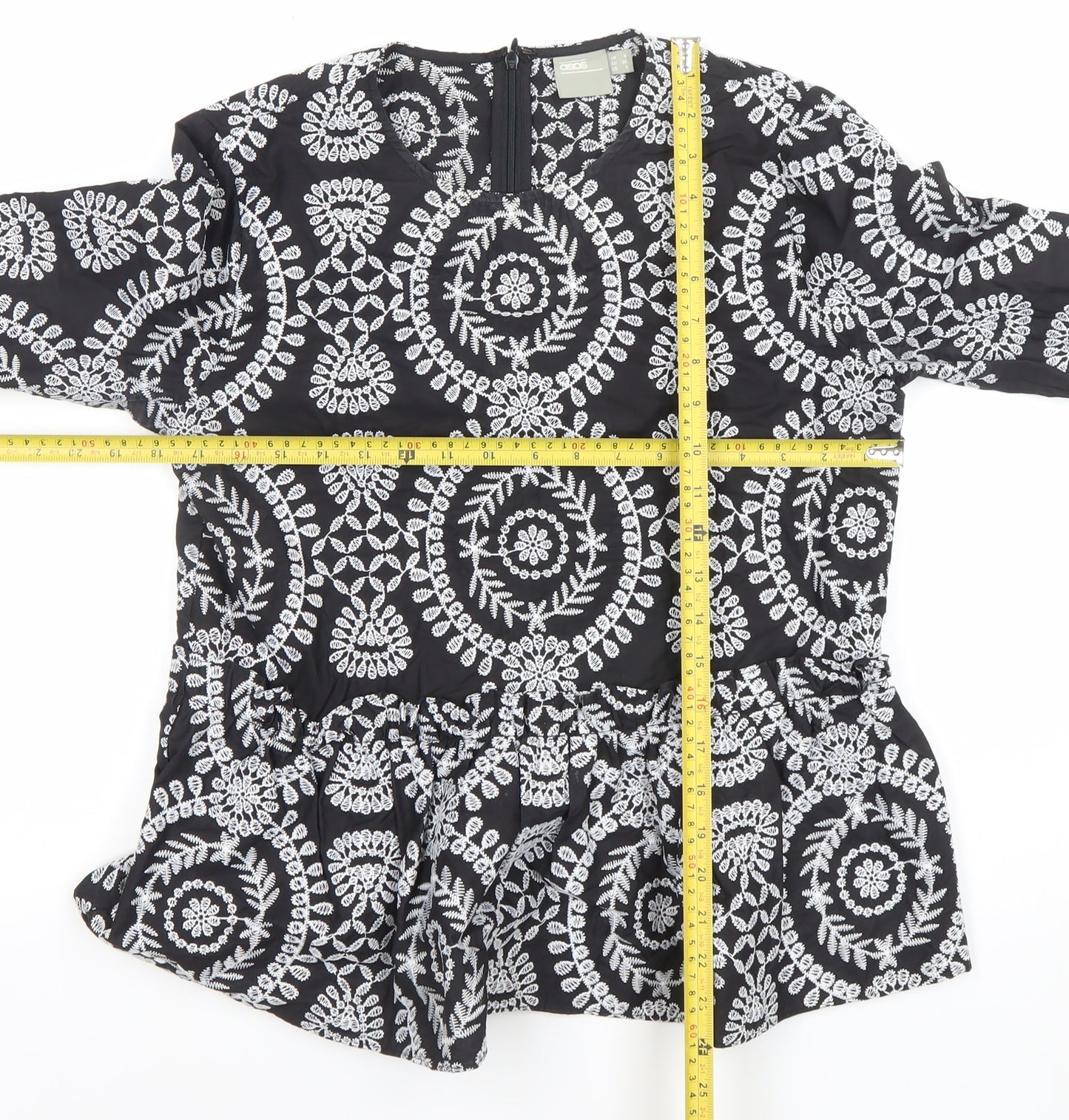 ASOS Women’s Black Embroidered Boho Peplum Tunic Blouse Size 10