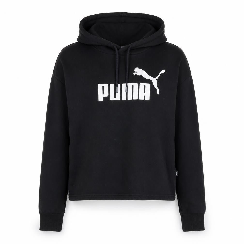 Front view of Puma women’s black xs pullover hoodie sweatshirt athletic logo