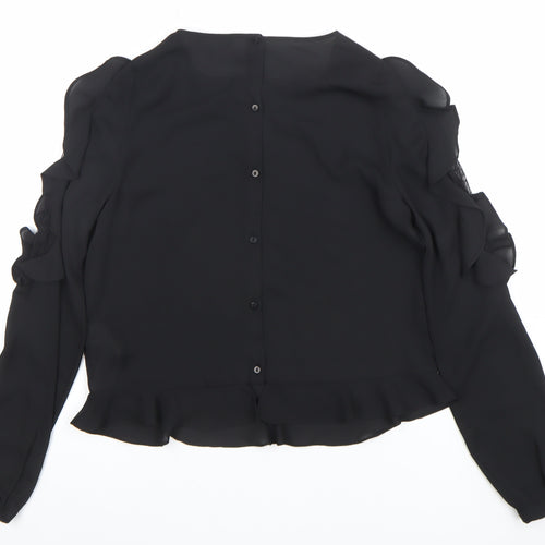 Zara Women Black Ruffle Lace Long Sleeve Tunic Blouse XS