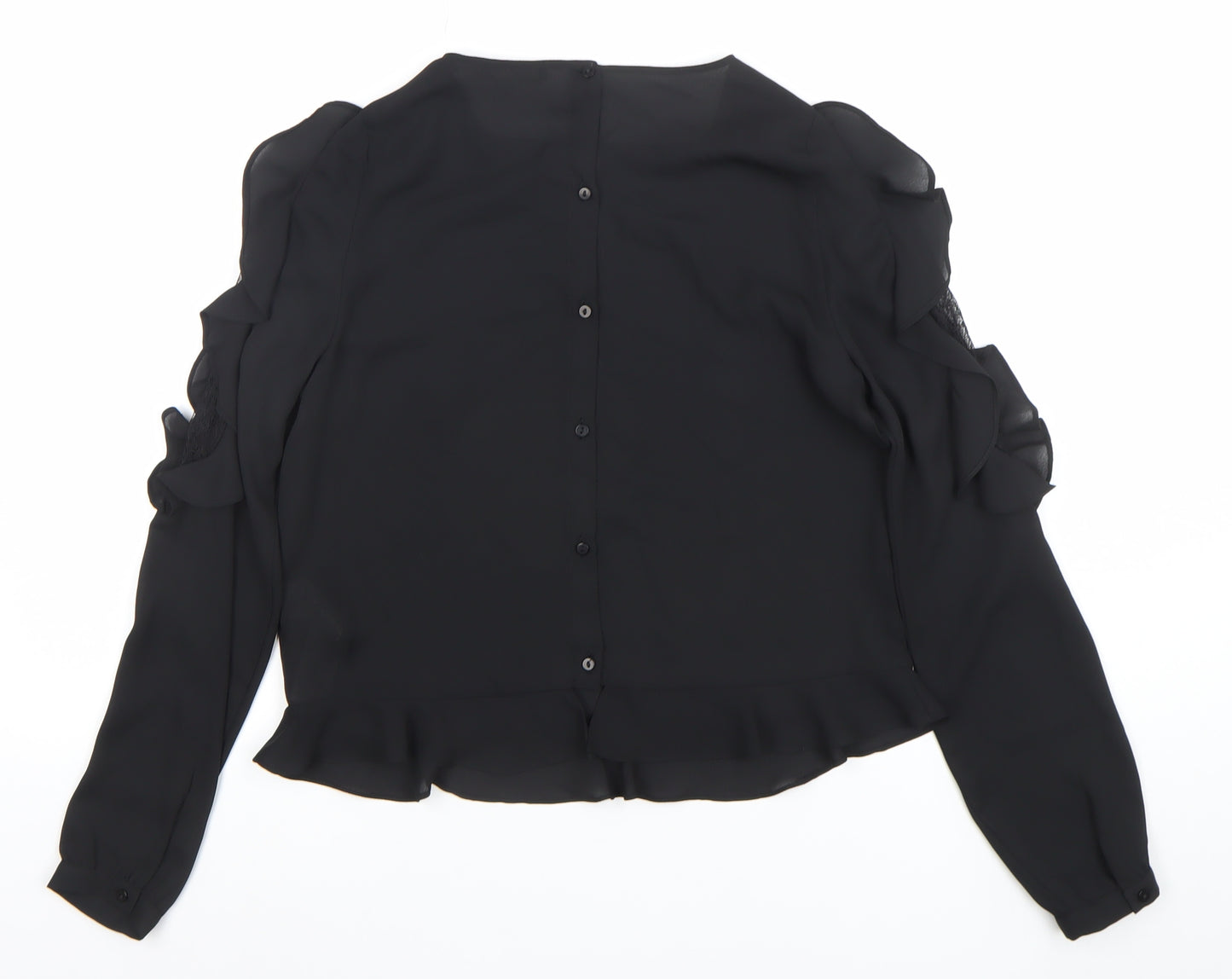 Zara Women Black Ruffle Lace Long Sleeve Tunic Blouse XS