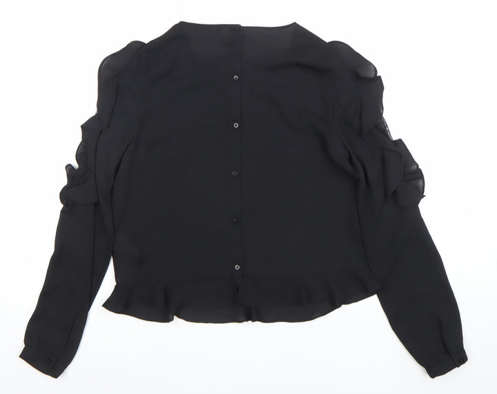 Zara Women Black Ruffle Lace Long Sleeve Tunic Blouse XS