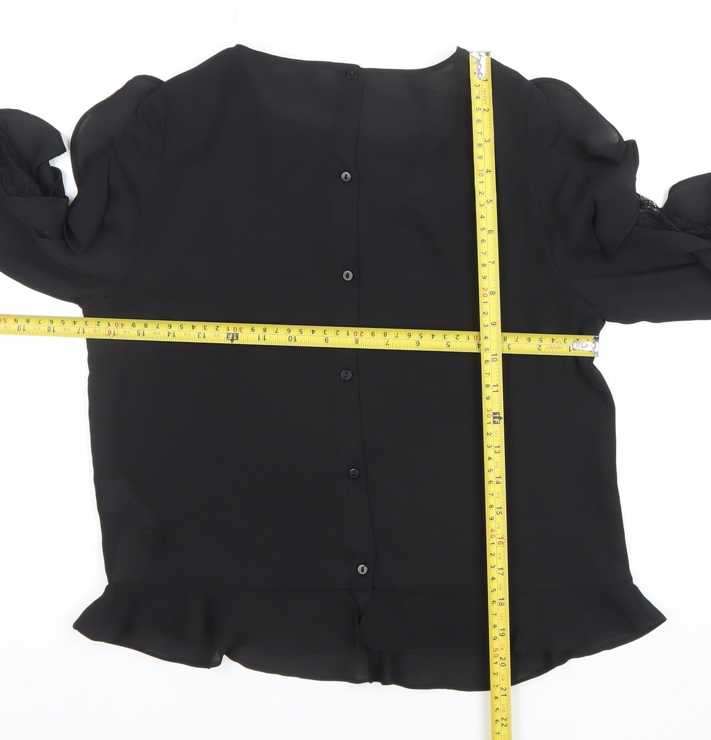 Zara Women Black Ruffle Lace Long Sleeve Tunic Blouse XS