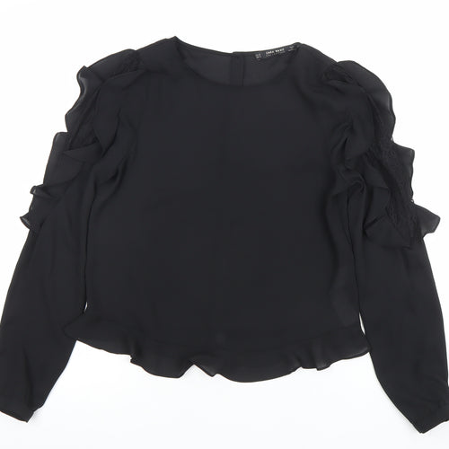 Zara Women Black Ruffle Lace Long Sleeve Tunic Blouse XS