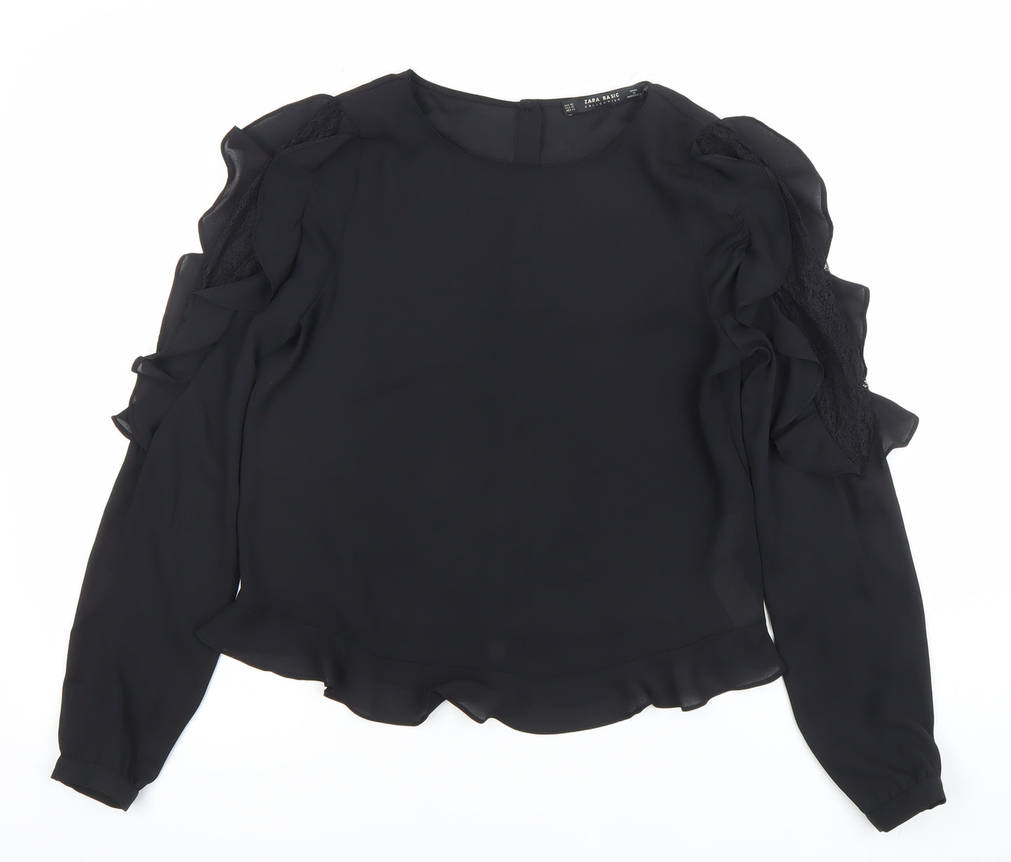 Zara Women Black Ruffle Lace Long Sleeve Tunic Blouse XS