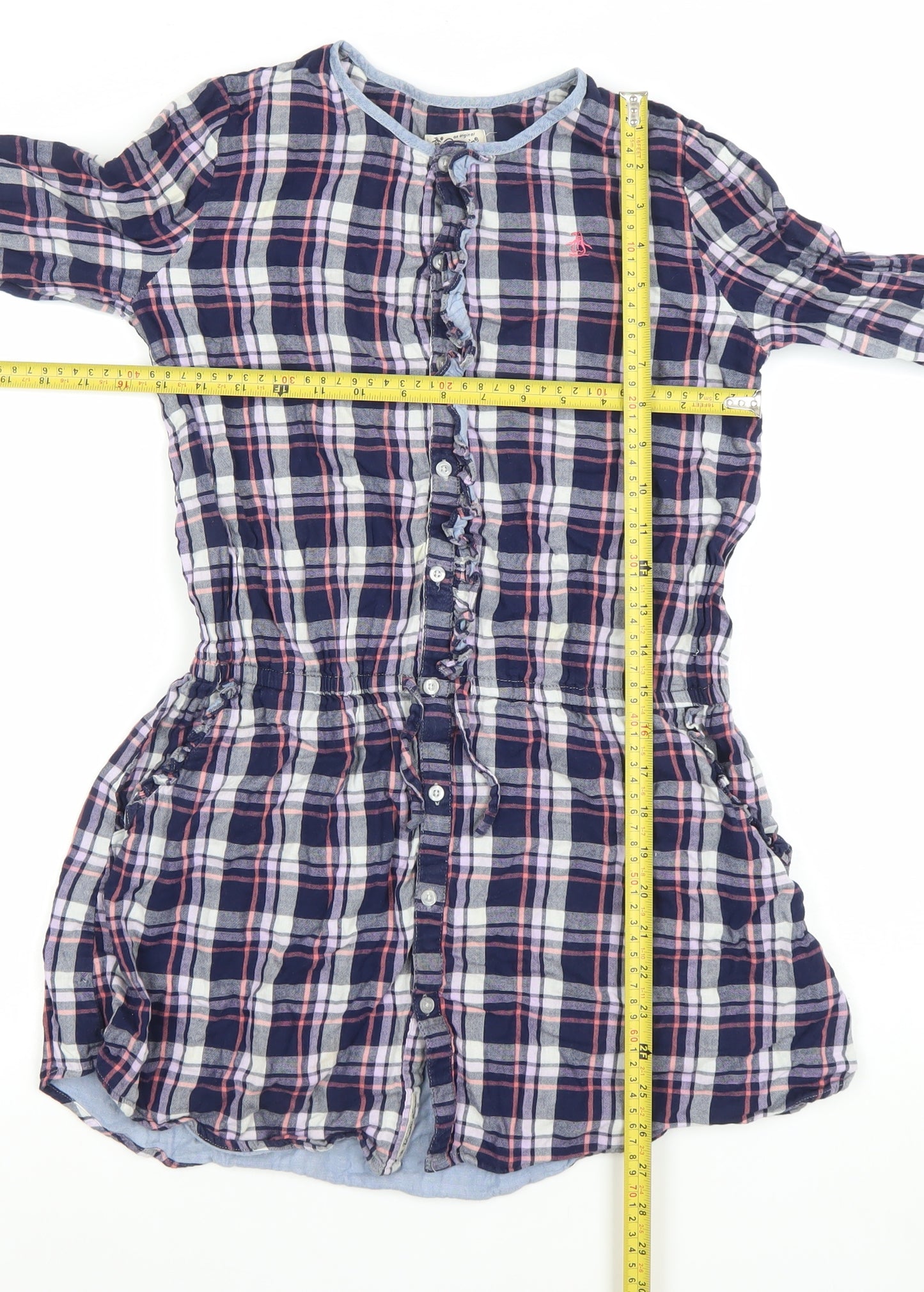 Original Penguin Girls Navy Check Shirt Dress 14-15 Years Cotton Long Sleeve