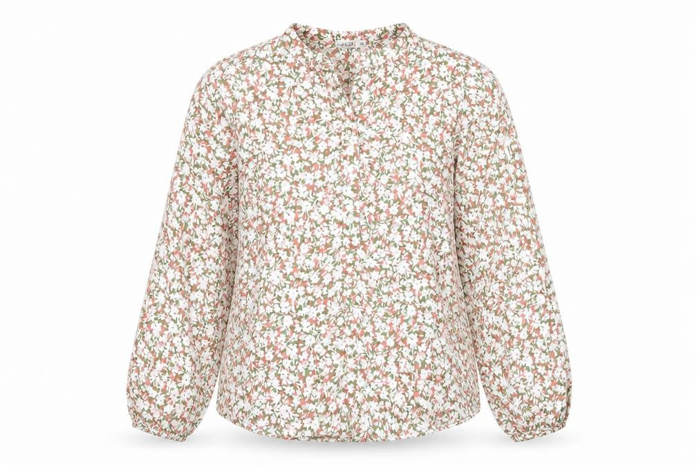 Front view of Gallery women’s multicoloured floral long sleeve chiffon blouse, size UK 10