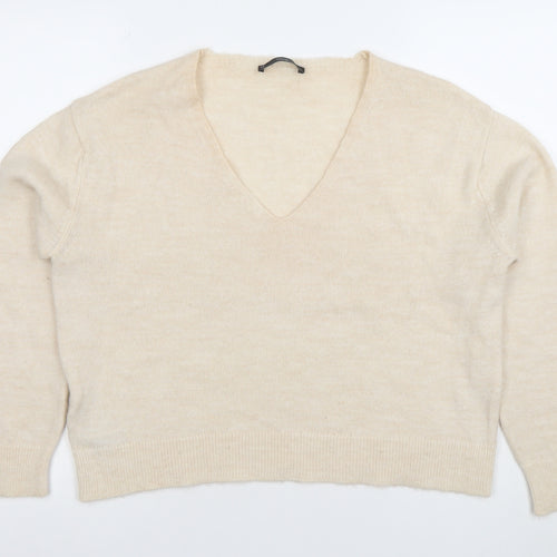 Mango Women Beige V-Neck Wool Blend Jumper Size M