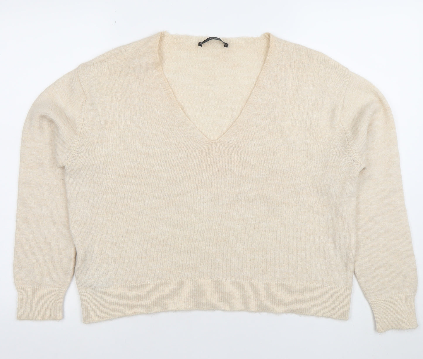 Mango Women Beige V-Neck Wool Blend Jumper Size M