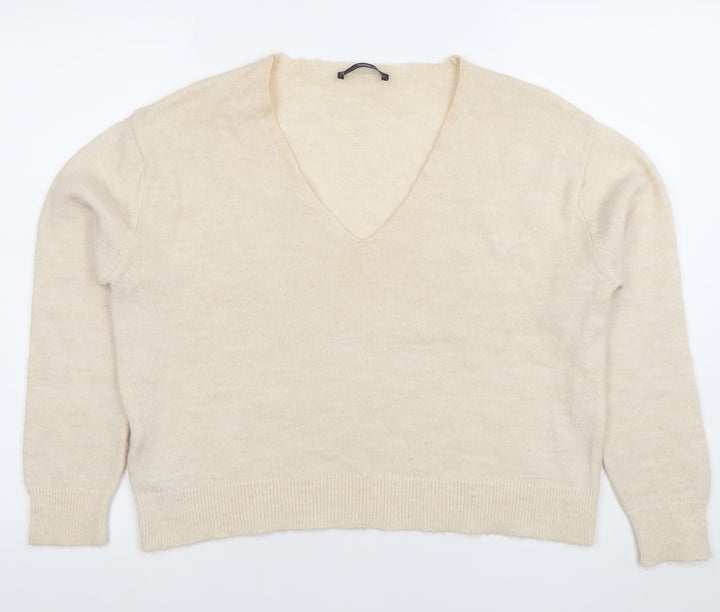 Mango Women Beige V-Neck Wool Blend Jumper Size M