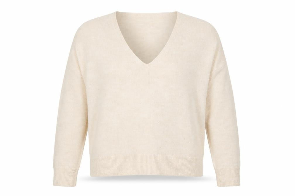 Front view of Mango Women Beige V-Neck Wool Blend Jumper, size M