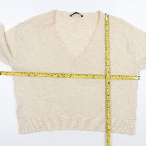 Mango Women Beige V-Neck Wool Blend Jumper Size M