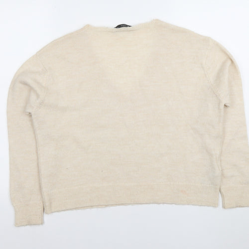 Mango Women Beige V-Neck Wool Blend Jumper Size M