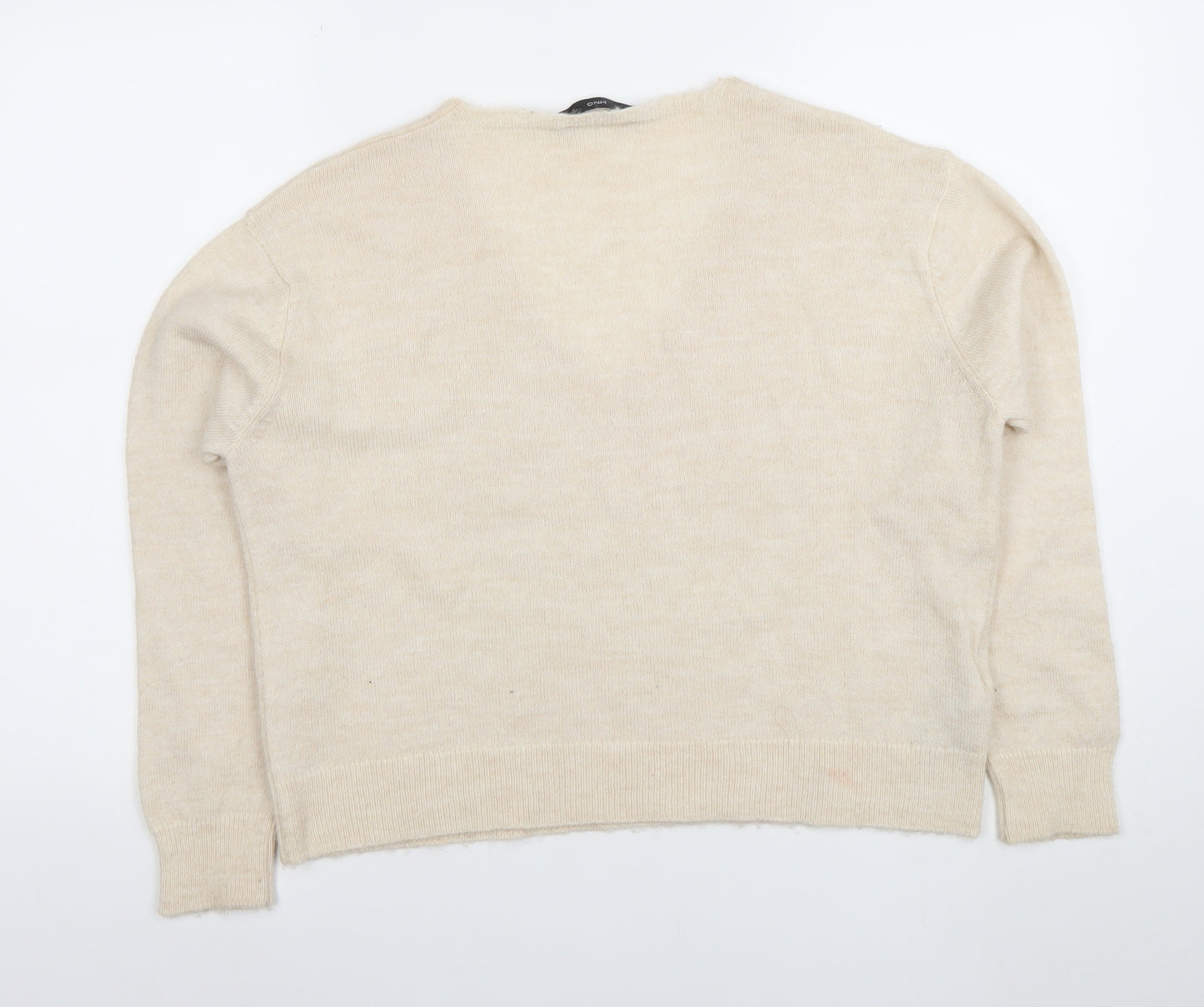 Mango Women Beige V-Neck Wool Blend Jumper Size M