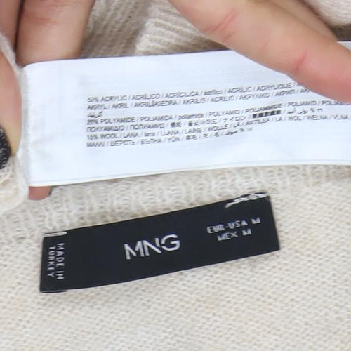 Mango Women Beige V-Neck Wool Blend Jumper Size M