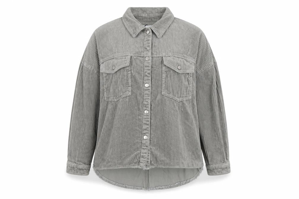 Front view of Zara Women Grey Corduroy Button Jacket, size 14, Relaxed Fit