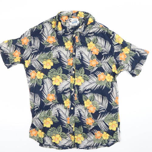 Jack & Jones Men’s Blue Hawaiian Floral Short Sleeve Button-Up Vacay Shirt M