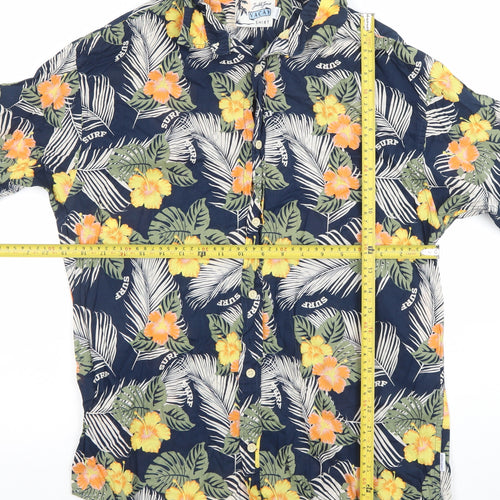 Jack & Jones Men’s Blue Hawaiian Floral Short Sleeve Button-Up Vacay Shirt M
