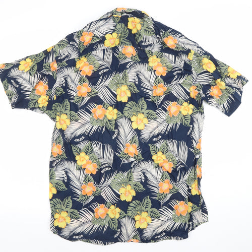Jack & Jones Men’s Blue Hawaiian Floral Short Sleeve Button-Up Vacay Shirt M