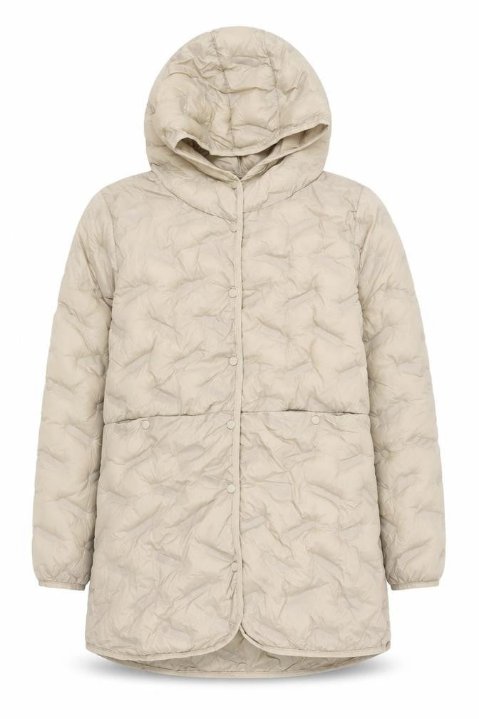 Front view of Beloved Women Beige Long Puffer Jacket Hooded, size 10
