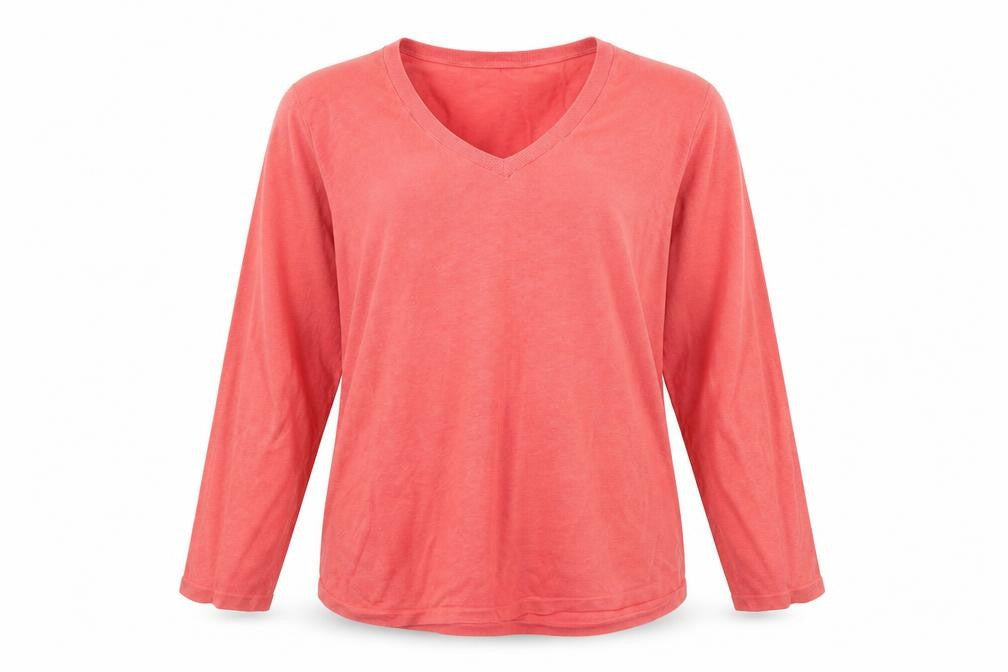 Front view of Gap women’s pink linen cotton v-neck long sleeve jumper, size L