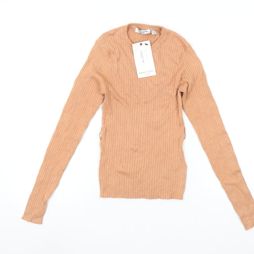 Brave Soul Women's Beige Ribbed Knit Crew Neck Pullover Jumper XS