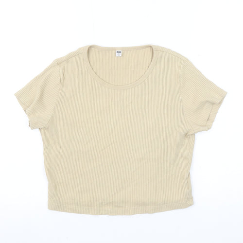 Uniqlo Women Beige Cropped Ribbed T-Shirt Size M