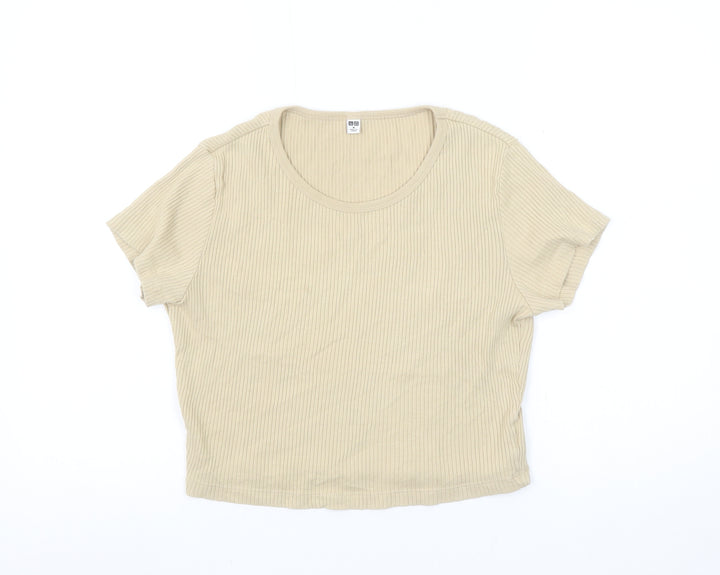 Uniqlo Women Beige Cropped Ribbed T-Shirt Size M