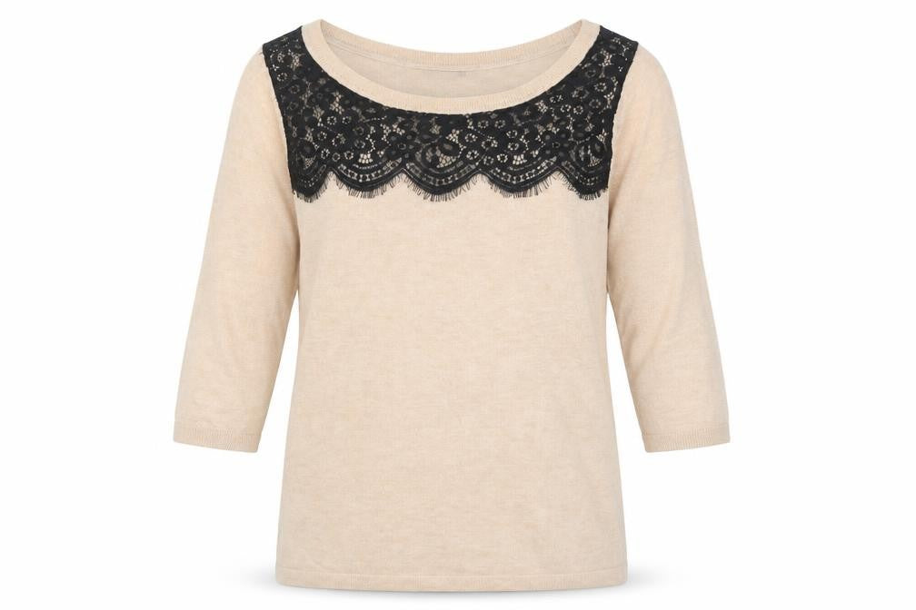 Front view of Marks & Spencer Beige Lace Panel 3/4 Sleeve jumper M unisex
